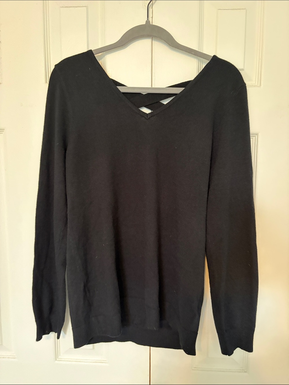 Women’s Black Long-Sleeve V-Neck Top with Crisscross Back Detail